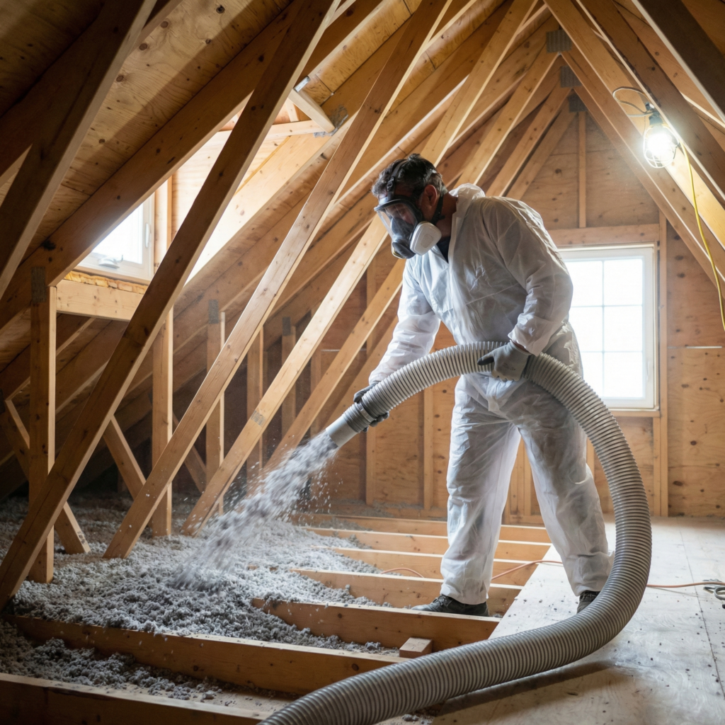 Blown-in insulation installation in a Toronto attic by professional insulation contractors