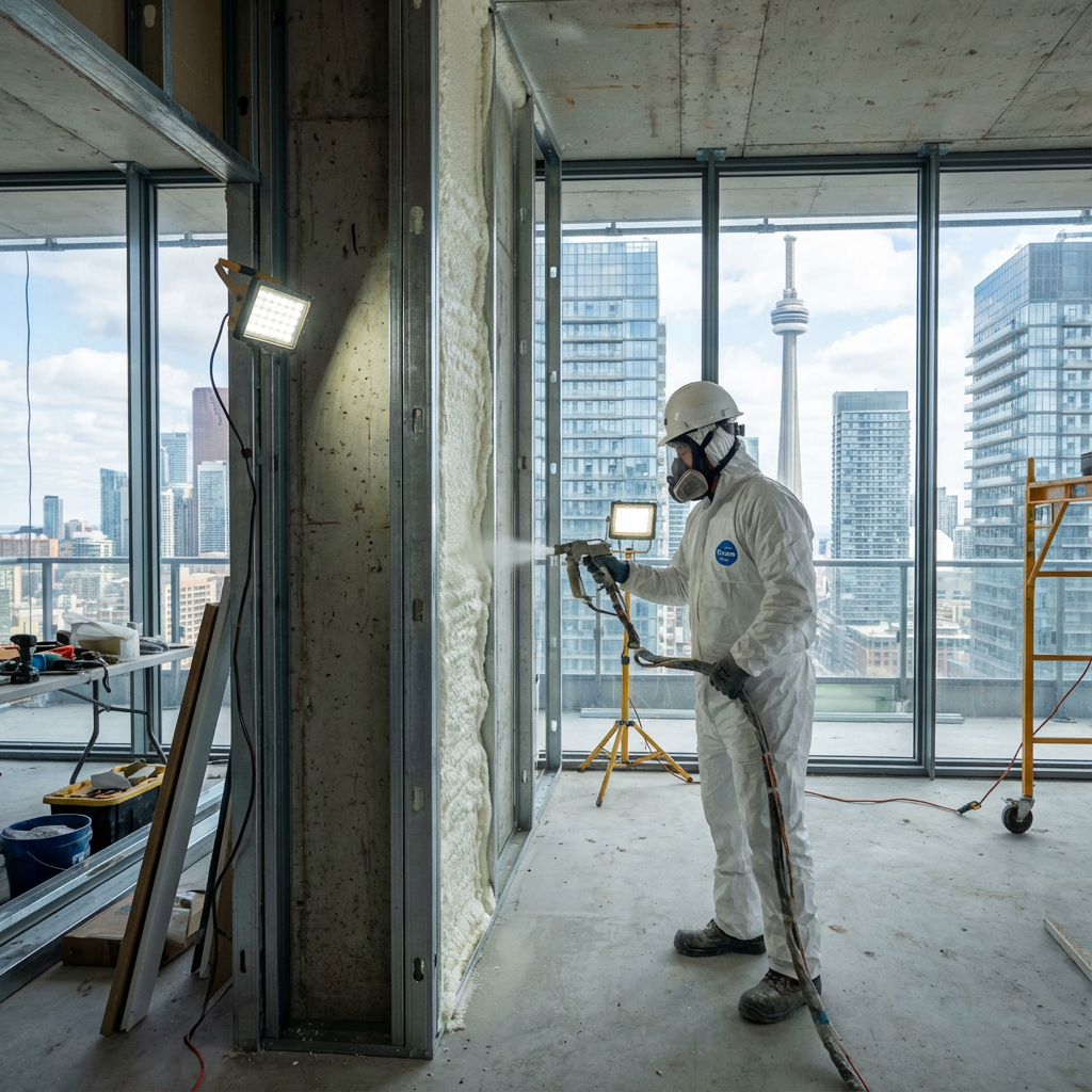 Spray foam insulation downtown Toronto contractor applying closed-cell foam to concrete walls in luxury condo tower