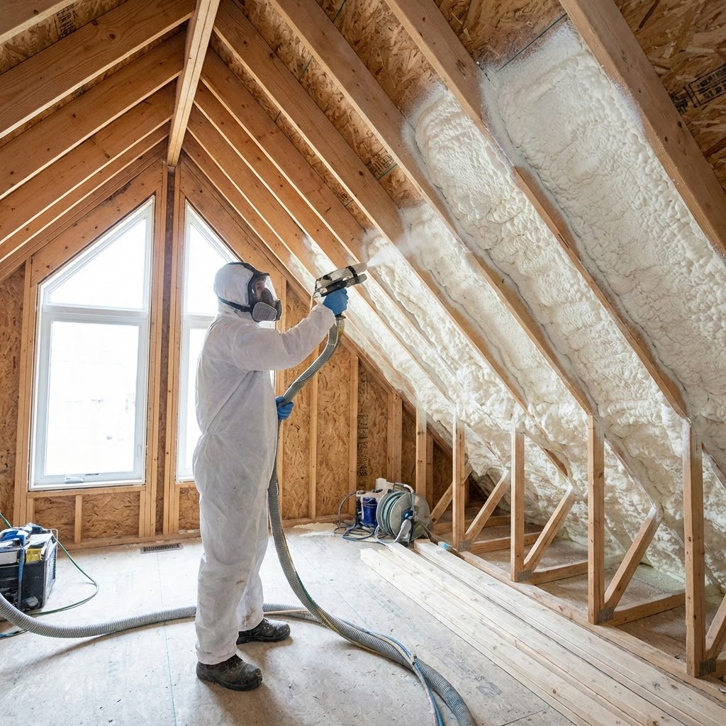 Spray foam insulation being professionally applied to wall studs in Mississauga residential home