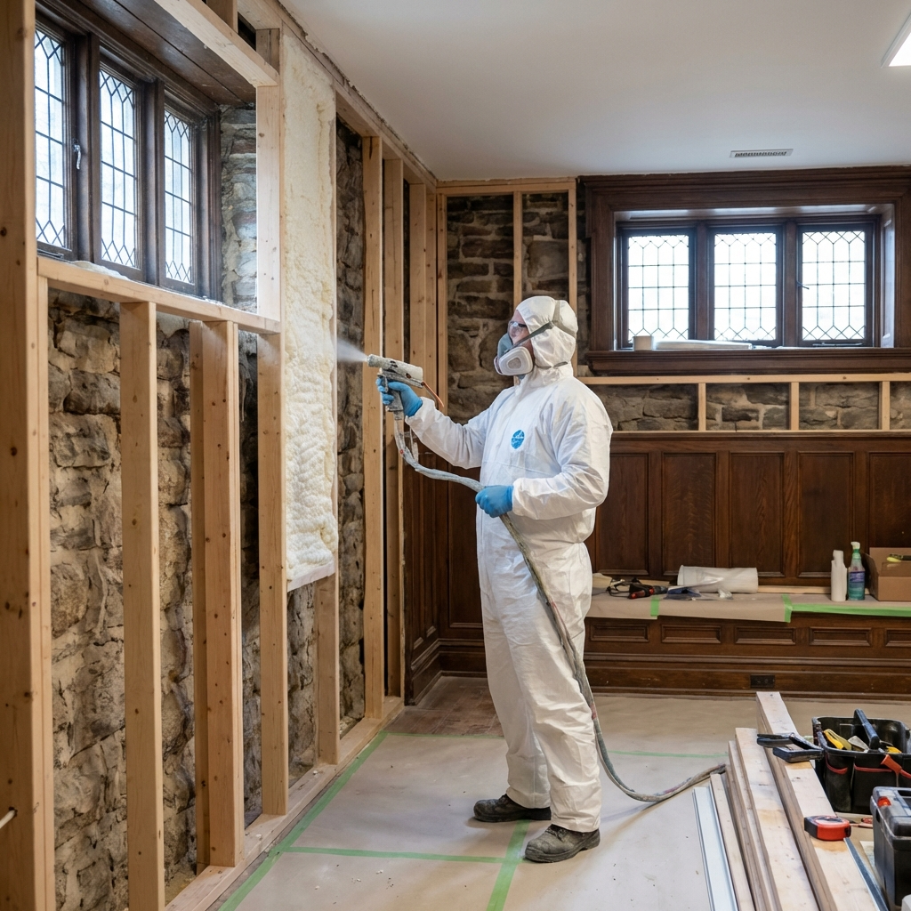 Spray foam insulation Rosedale Toronto contractor applying closed-cell foam to exposed brick in converted warehouse loft