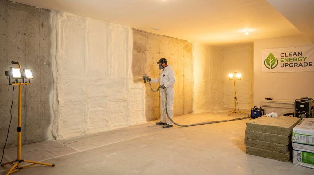 Professional spray foam insulation installation in Ontario basement