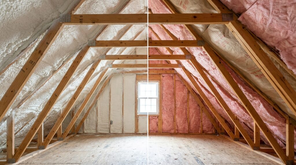 Spray foam versus fiberglass insulation comparison in Ontario attic - Spray Foam Kings