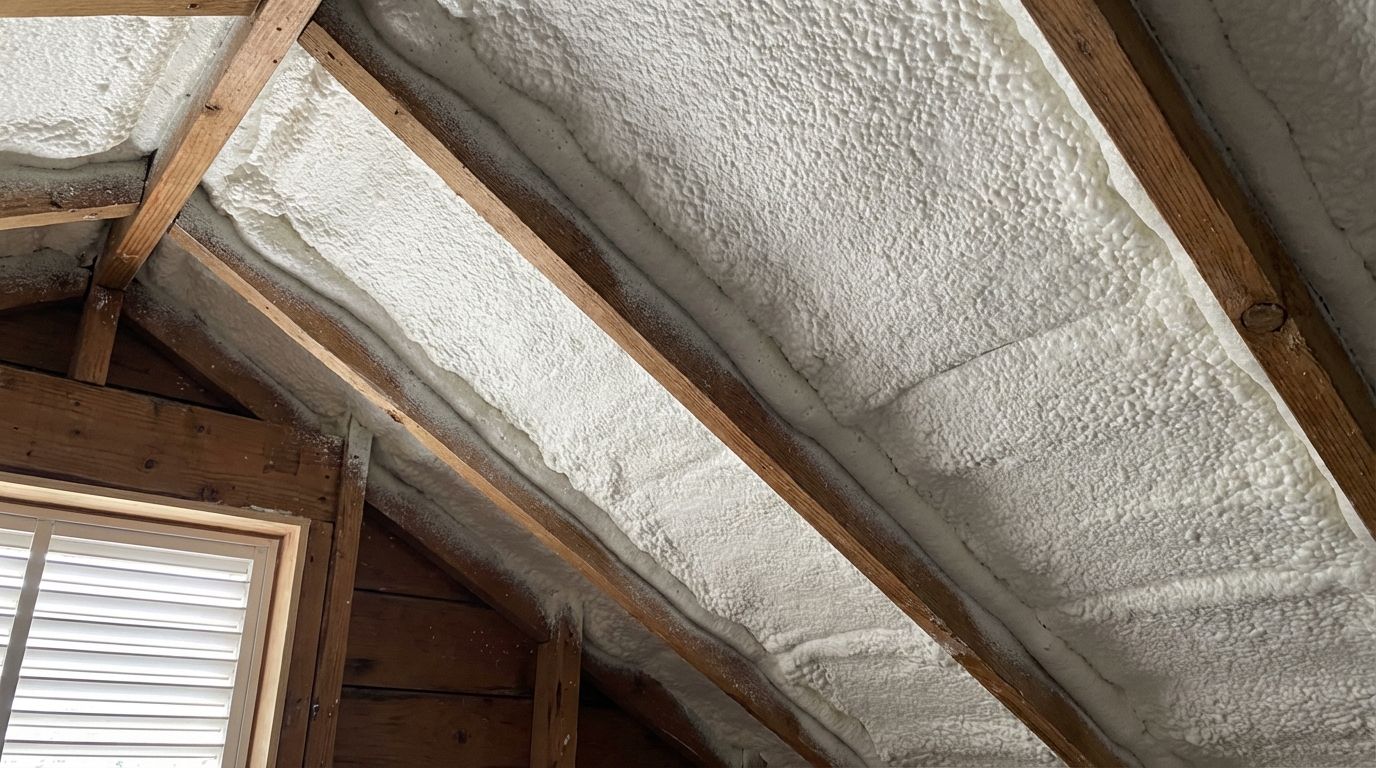 Close-up spray foam insulation on attic rafters - Spray Foam Kings Ontario