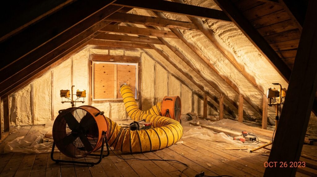 Spray foam insulation curing in residential attic - Spray Foam Kings, Ontario