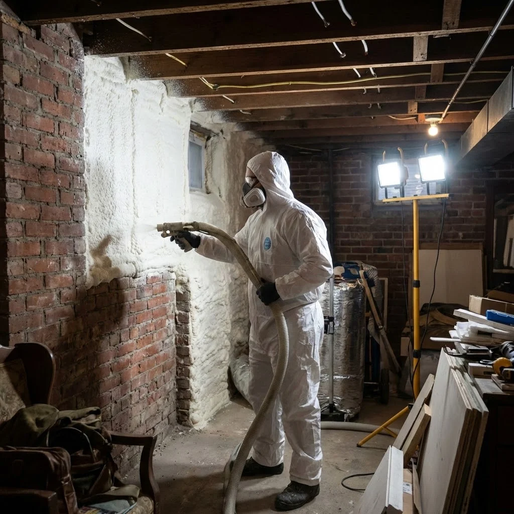 Spray foam insulation Beaches Toronto contractor applying closed-cell foam to brick foundation in lakeside neighborhood home