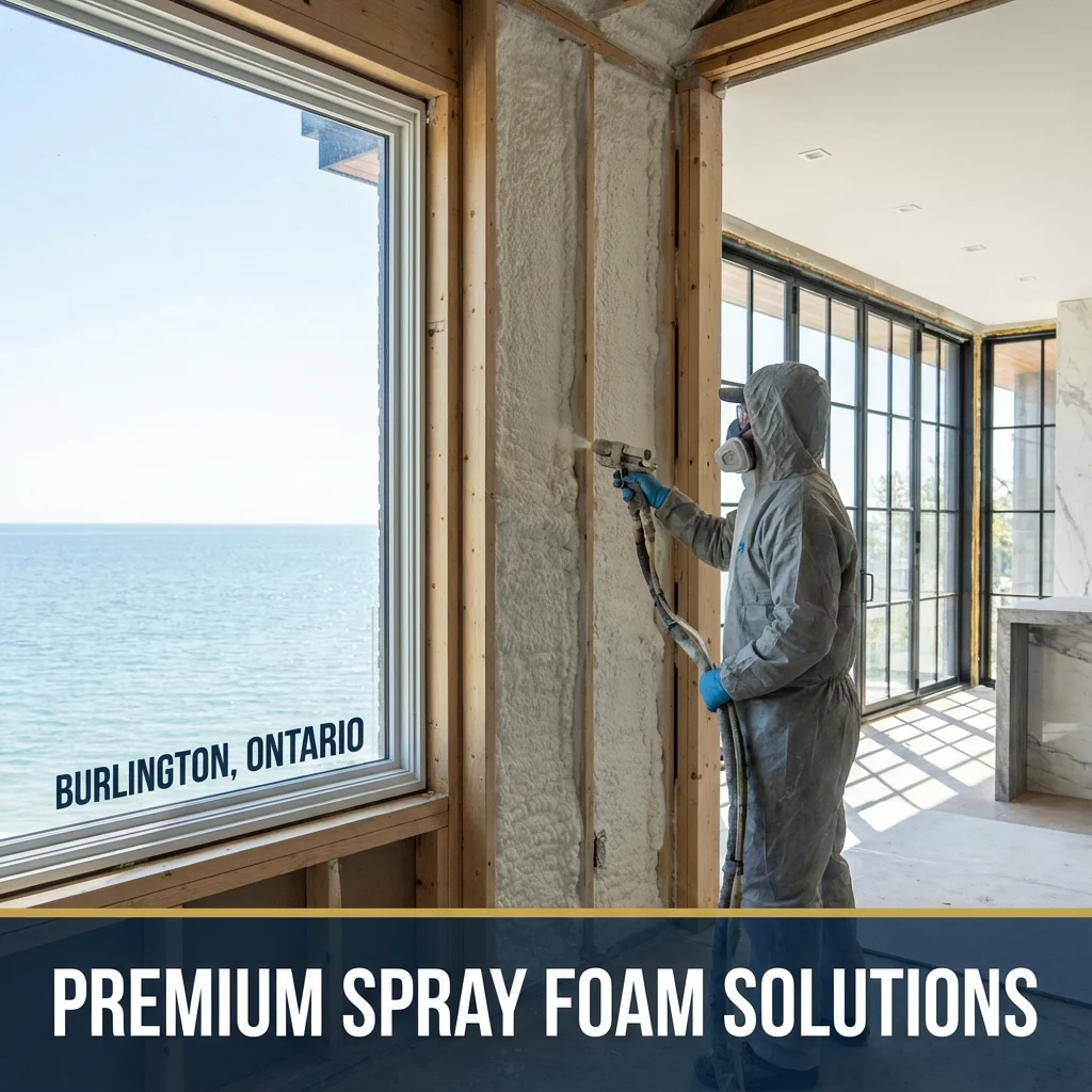 Spray foam insulation Burlington Ontario contractor applying closed-cell foam in lakefront home construction