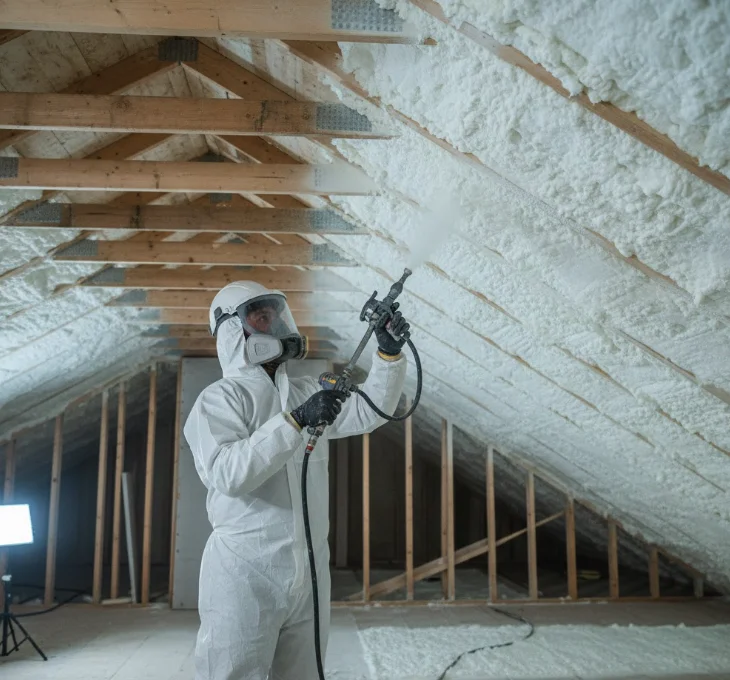 Spray foam insulation Etobicoke contractor applying open-cell foam to roof rafters in modern Toronto suburban home