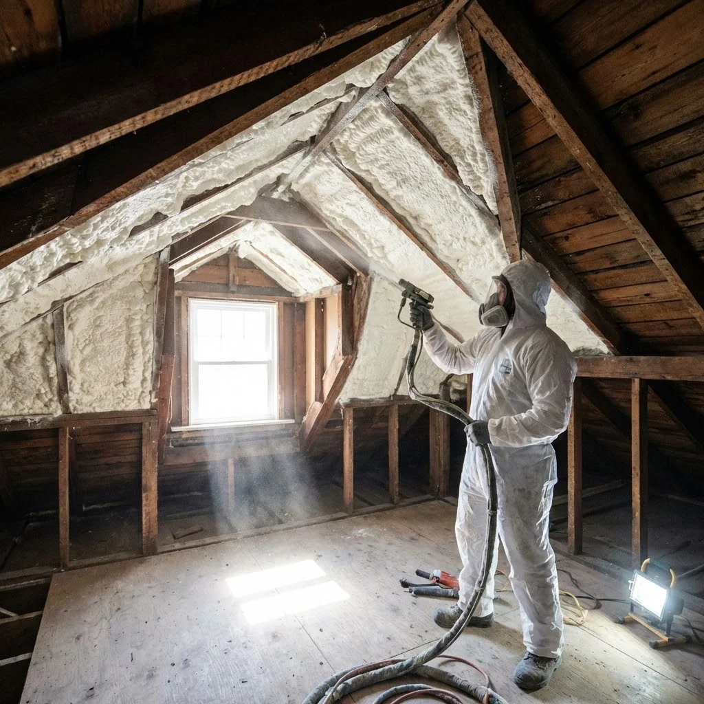 Professional spray foam insulation contractor applying closed-cell foam to attic joists in Leaside Toronto heritage home