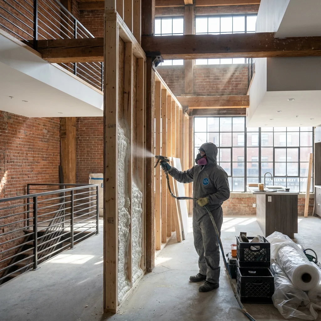 Spray foam insulation Leslieville Toronto contractor applying foam to wall studs in industrial warehouse loft conversion