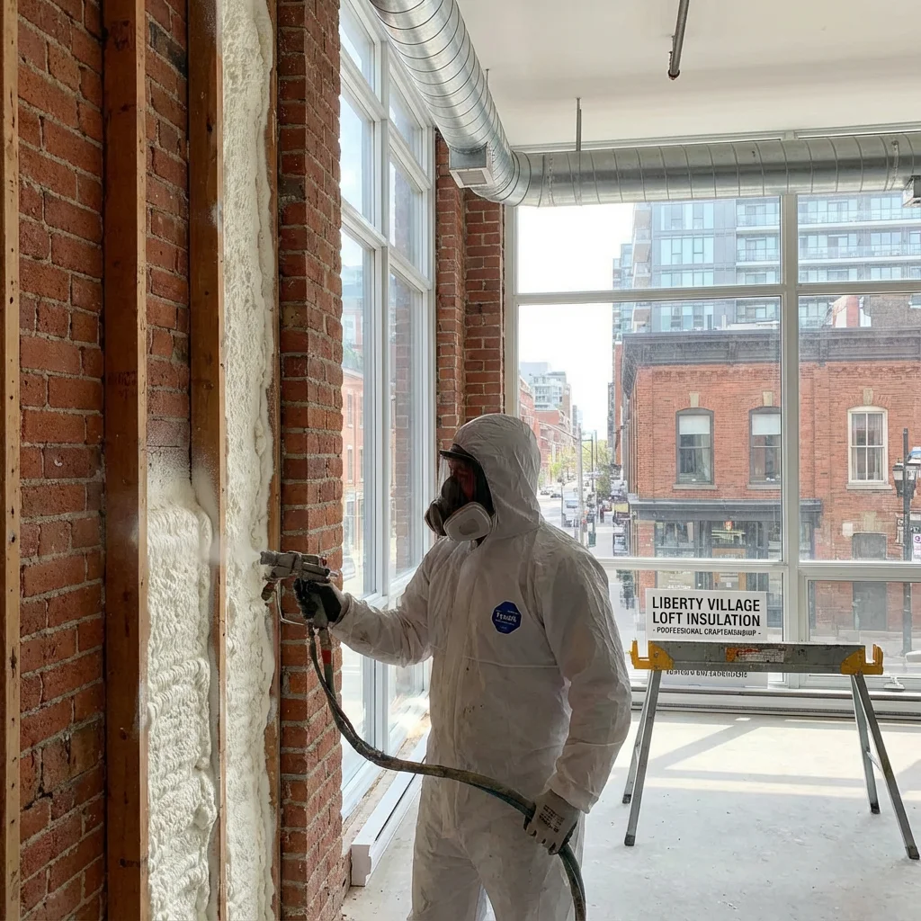 Spray foam insulation Liberty Village Toronto contractor applying closed-cell foam to exposed brick in converted warehouse loft