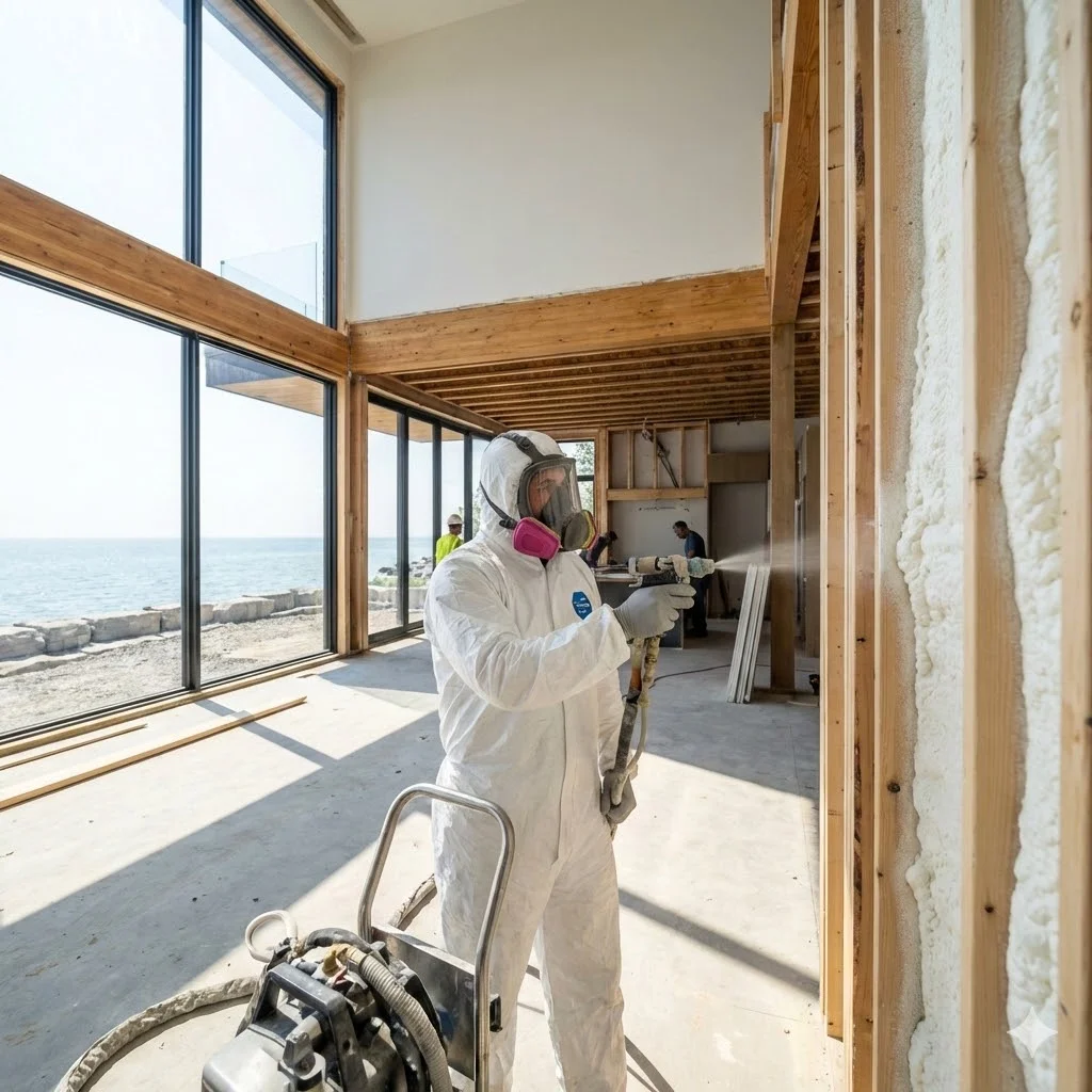 Spray foam insulation Oakville Ontario contractor applying closed-cell foam in lakefront luxury home construction