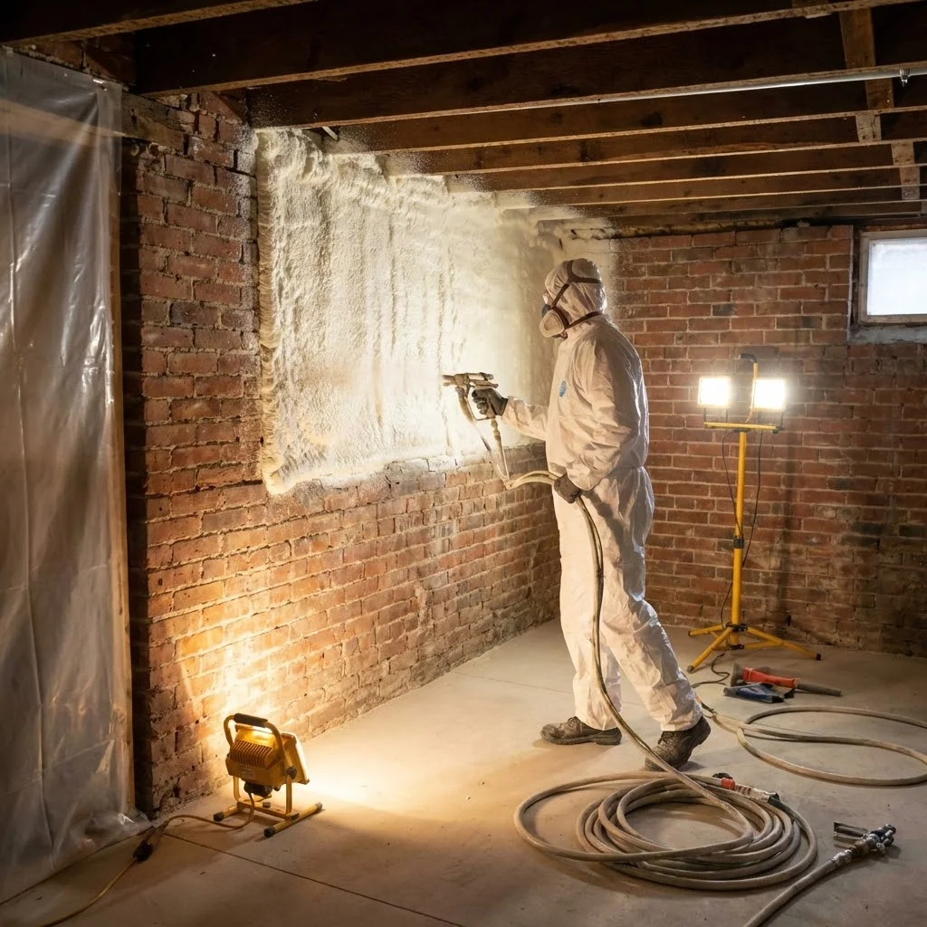 Spray foam insulation Riverdale contractor applying closed-cell foam to brick foundation walls in Victorian Toronto home