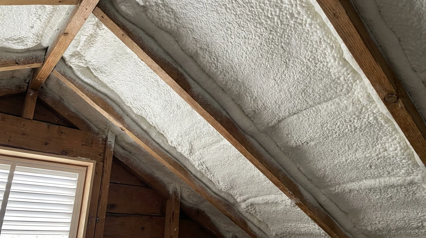 Close-up spray foam insulation on attic rafters - Spray Foam Kings Ontario